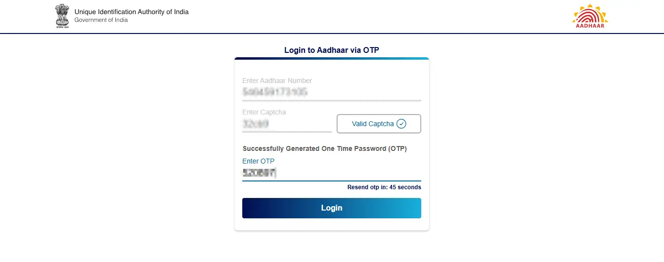 Update Aadhaar Number and OTP