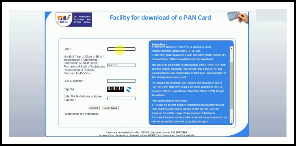 UTIITSL’s e-PAN download