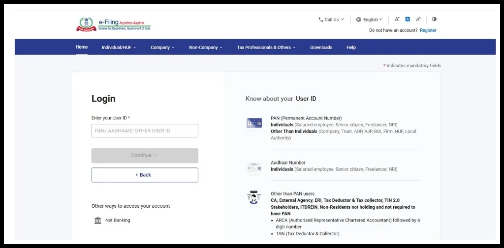 Login with PAN and Password