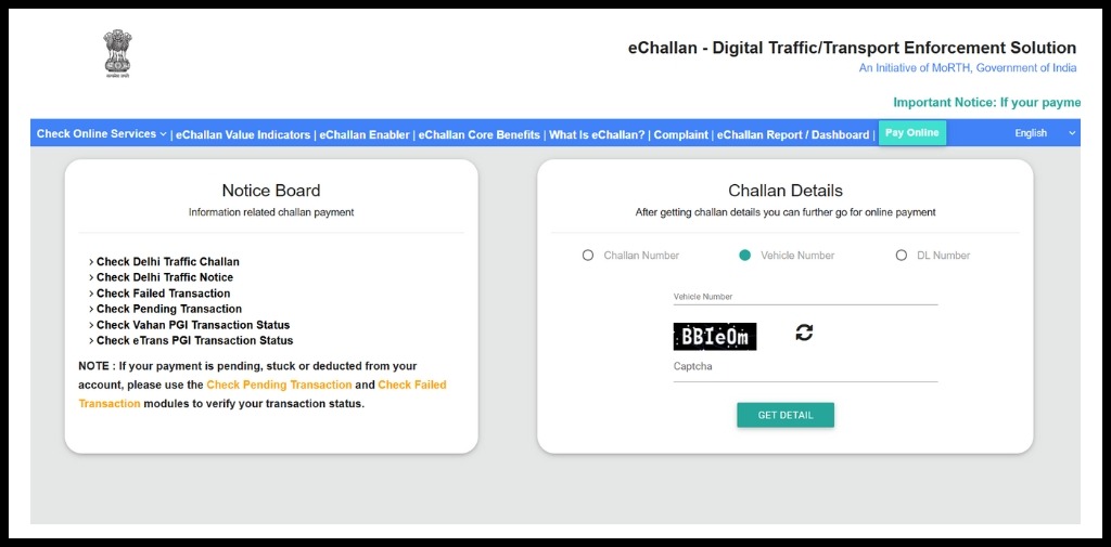 Enter the Vehicle Number and Captcha.