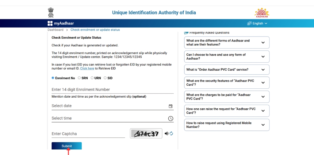 Enter the digit EID/SRN/URN/SID from the acknowledgement slip