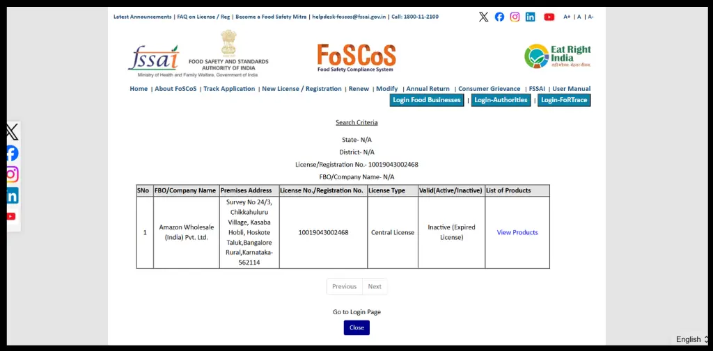 Get details for verificatoin of fssai.