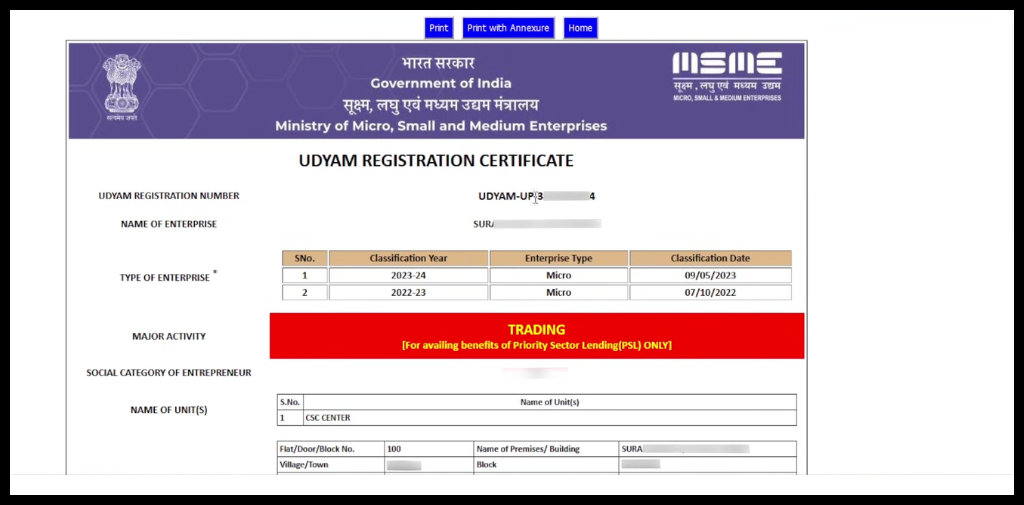 Click on print to print or download Udyam Registration Certificate.