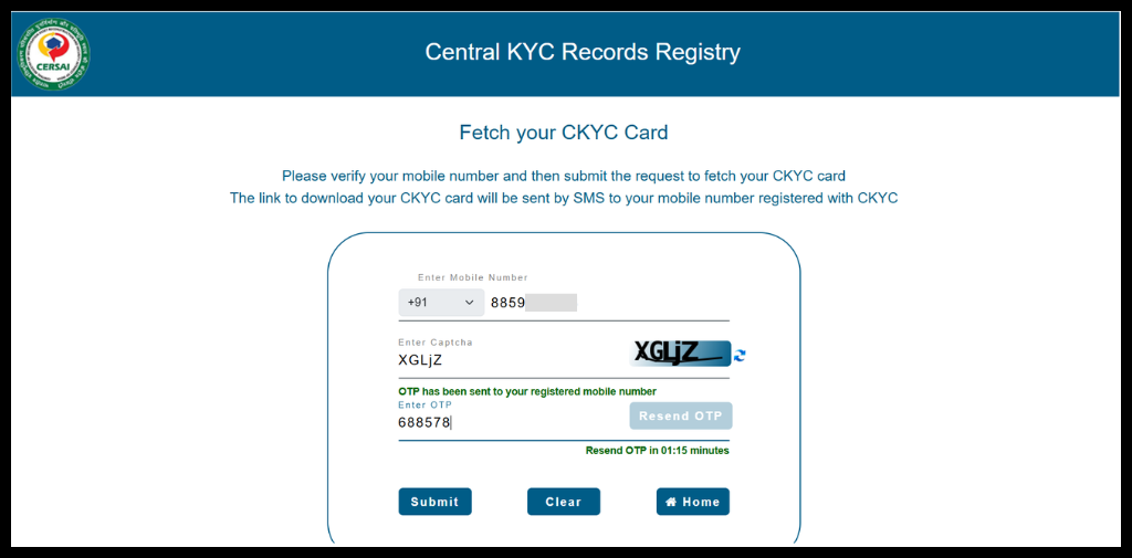 Enter your register mobile number and OTP to check ckyc number