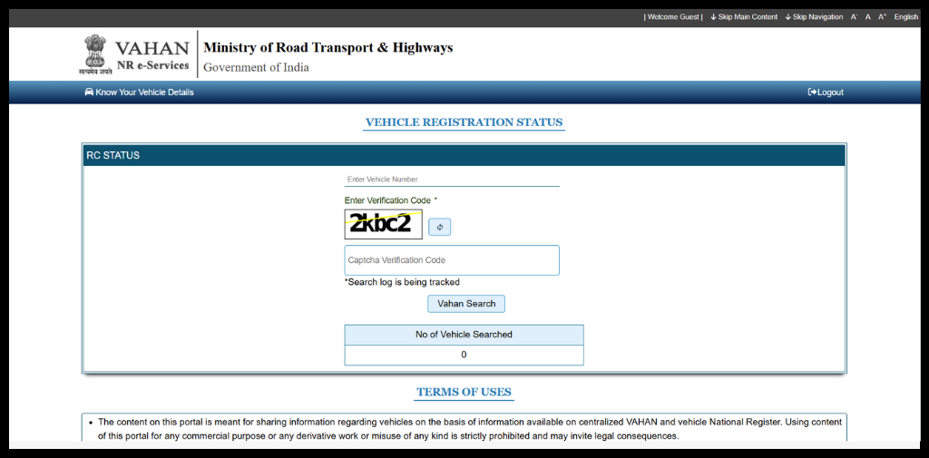 Fill the vehicle details to get the vehicle owner details