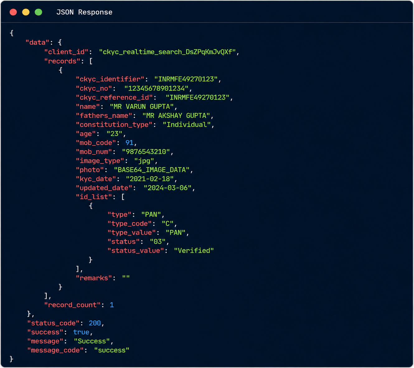 CKYC api JSON Response